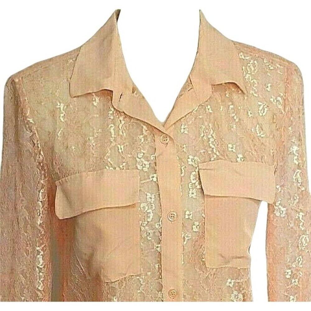 Victoria's Secret Sheer Lace Blouse Small Long Sleeve Button Front Peach Blush